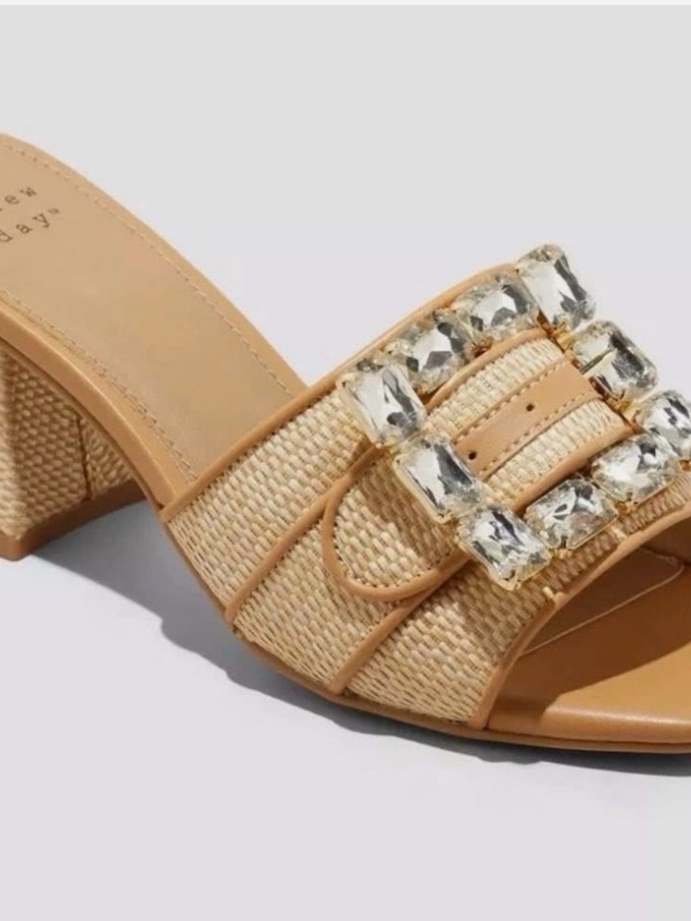A New Day Tan Raffia Block Heel Slide with Crystal Buckle